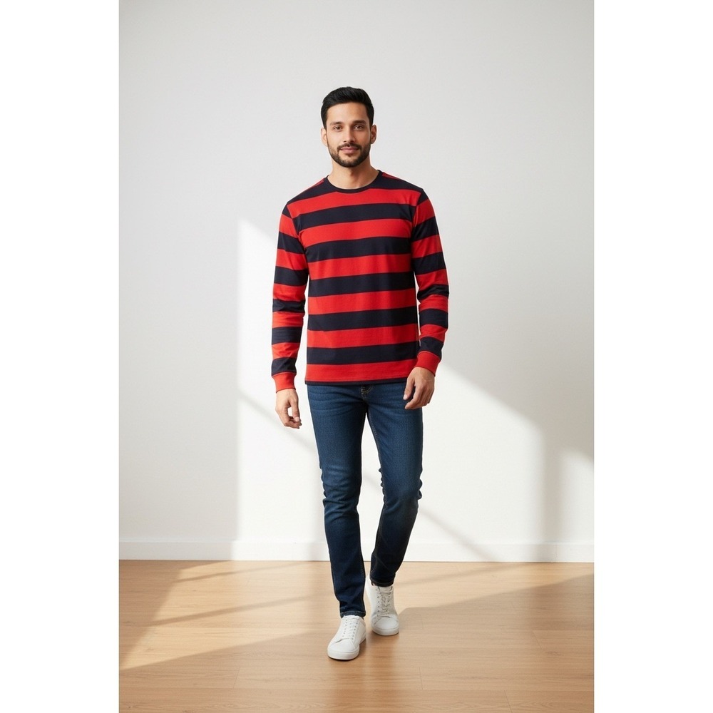 Emporio Armani Mens Red Navy Stripe Long Sleeve Crew Shirt Made in Italy Size M - Picture 2 of 7
